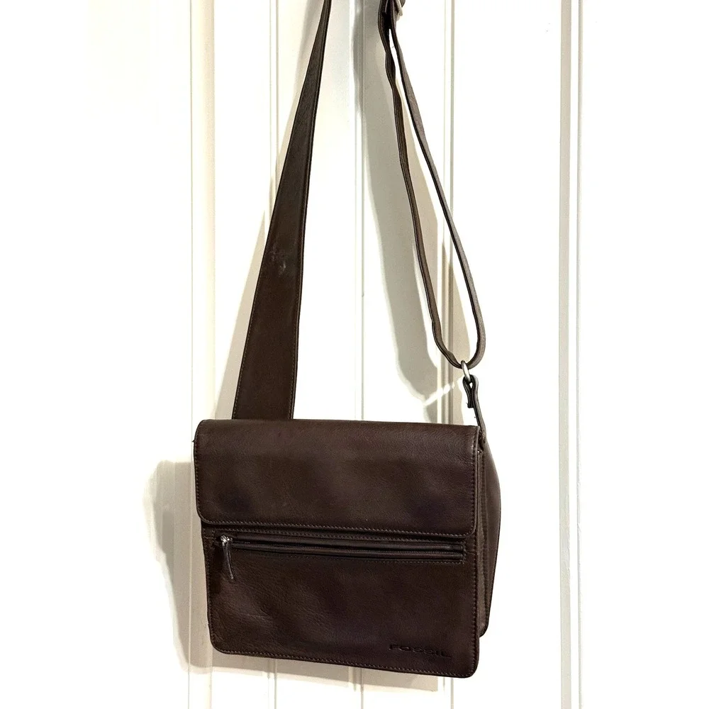 Vintage Fossil Brown Leather Crossbody‎ Unisex Messenger Bag